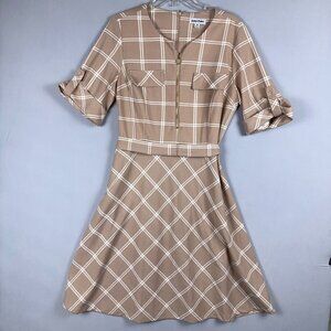 Shelby & Palmer Shirt Dress Size 16 Belted Waist Rolled Sleeve Plaid Beige White